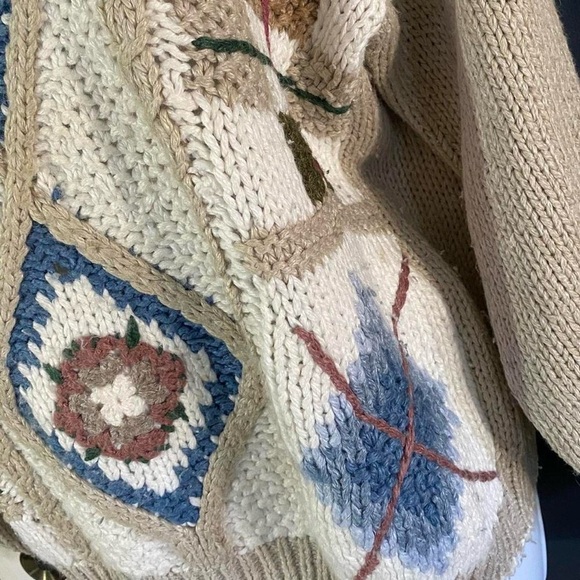 Vintage 90s Women’s Patchwork Fisherman Sweater Hand Knit M Boho Coastal Grandma - Picture 7 of 8